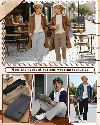LessonZoo 4 Pack Boys' Cargo Sweatpants Elastic Drawstring Open Bottom Active Pants Casual Workout Joggers with 4 Pockets thumbnail 5