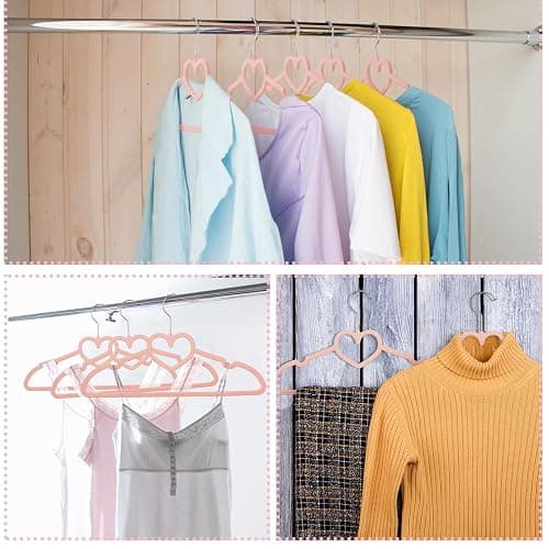 Qunclay 50 Pcs Rose Pink Velvet Heart Hangers, Non-slip Felt Clothes, Heavy Duty Sturdy Heart Clothes Coat Hanger, Cute Kawaii Room Decor for Adult Women, Space Saving No Hanger Mark, 360° Swivel Hook thumbnail 6
