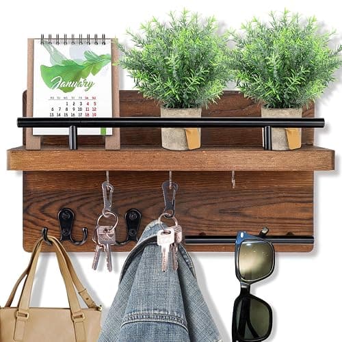 OurWarm Wall Mounted Key Holder/Hangers for Wall Decorative with 5 Key Hooks, Wooden Mail Rack Organizer with Shelf, Rustic Home Decor for Entryway Mudroom Hallway Office, Brown thumbnail 4