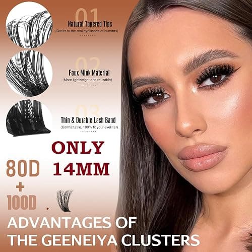 Geeneiya 14MM Volume Lash Clusters Kit DIY Lash Extension Kit D Curl Eyelash Extensions with Waterproof Lash Bond and Seal Waterproof Tweezers, Only 14MM, 80D+100D thumbnail 2