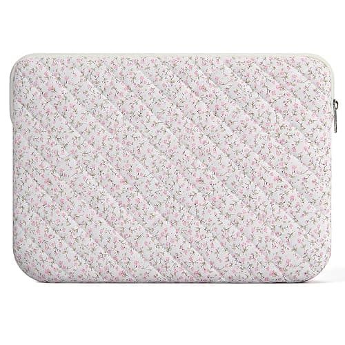 Shiprabags 13-14 inch Cotton Quilted Laptop Sleeve for Women, Aesthetic Puffy Laptop Case Carrying Bag Compatible with MacBook Air/Pro 13/Pro 14, Soft Computer Liner Bag (Pink Floral, 13.3 inch) - Image 1