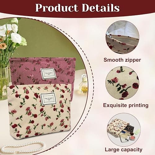 2pcs Floral Makeup Bags, Toiletries Bag for Women, Rose Flower Printing Corduroy Toiletry Bag - Large Capacity and Portable, Travel Makeup Bag Suitable for Ladies and Girls thumbnail 3