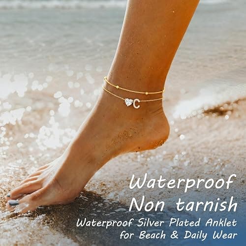 NECOCY Initial Heart Diamond Anklets for Women Waterproof, Non Tarnish 14k Gold Plated Letter Ankle Bracelets Dainty, Summer Beach Bikini Jewelry Gifts for Women thumbnail 2