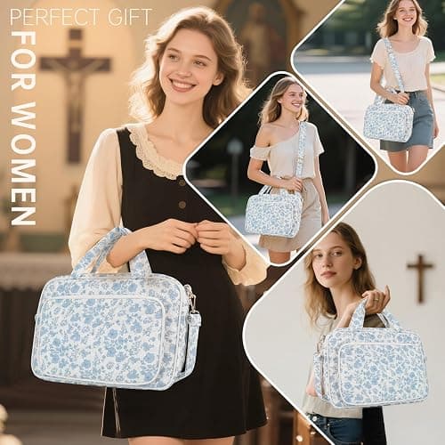 Bible Cover Case for Women Bible Study Supplies Church Camp Essentials Christian Gifts for Women Journaling Kit Quilted Large Bible Book Sleeve (Blue Flower, Large) thumbnail 7