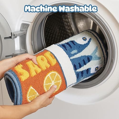 TRUEDAYS Sardine Can Bath Mat, Blue Bathroom Rugs for Bedroom, Soft Washable Rug Non Slip Cute Kitchen Bath Mats for Bathroom Funny Cartoon Fish and Lemon thumbnail 7