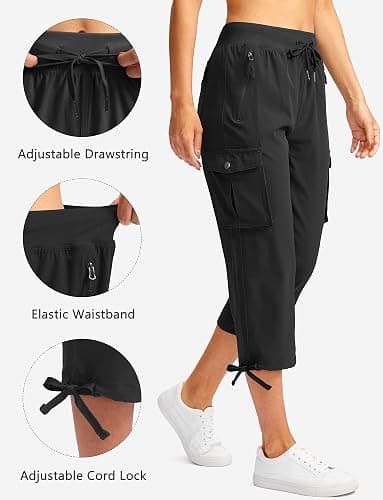 Soothfeel Women's Cargo Capris Pants with 6 Pockets Lightweight Quick Dry | UPF 50+, Elastic Waist, Summer Pants for Hiking, Travel, Camping, Outdoor, Athletic, Casual thumbnail 3