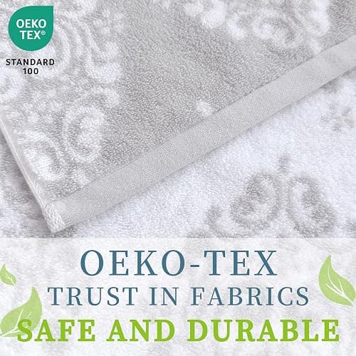 Towels for Bathroom - 100% Cotton | Soft | Quick Dry | Light Weight | Absorbent, 4 Hand 16"x27", 2 Bath 28"x52", Towel Set of 6, Grey Towels Bathroom Sets, Gray Damask Patterned Towels, Gray and White thumbnail 5