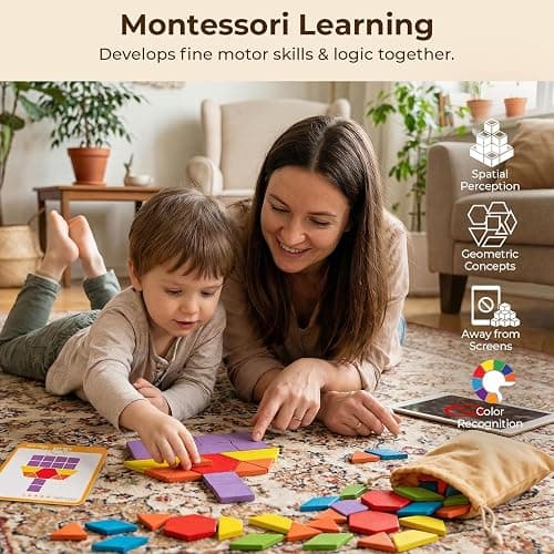 LovesTown 209 PCS Shapes Wooden Pattern Blocks for Kids | Geometric with Activity Cards, Storage Bag, Educational Tangram Puzzles, Great Learning Gift thumbnail 6