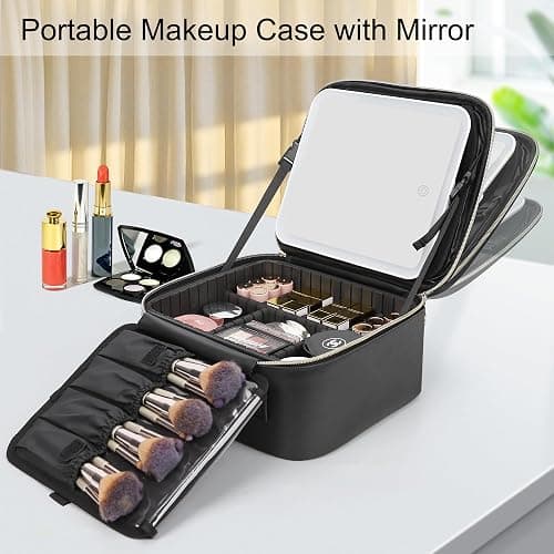 Relavel Travel Makeup Bag With LED Mirror, Cosmetic Train Case with Light up Mirror, Portable Makeup Artist Organizer Bag with Adjustable Dividers, Makeup Brush Holder Storage, Black thumbnail 2