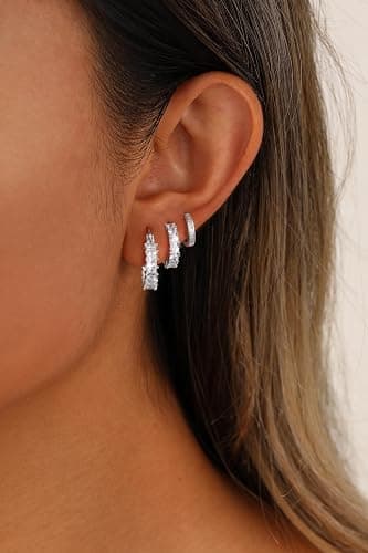 CAROVO 3 Pairs Gold/Silver Hoop Earrings for Women Trendy Dainty 14K Gold Plated Cubic Zirconia Stud Earrings Huggie Hoop Earrings Stack for Multiple Piercing Jewelry thumbnail 4