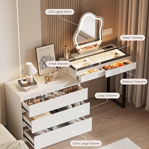 BROTTAR Vanity Dressing Tables with LED Lights, Glass Top Vanity Table Makeup Desk with Cloud-Shaped Mirror and 5 Drawers, White Dresser with Charging Station for Bedroom - Style A thumbnail 6