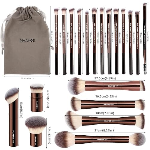 MAANGE 20 PCS Foundation Makeup Brush Set, Double-ended Kabuki Brush Contour Brush for Liquid Powder Concealer Cream Cosmetics Blending Blush Buffing Face Makeup Tools (Coffee) - Coffee thumbnail 8
