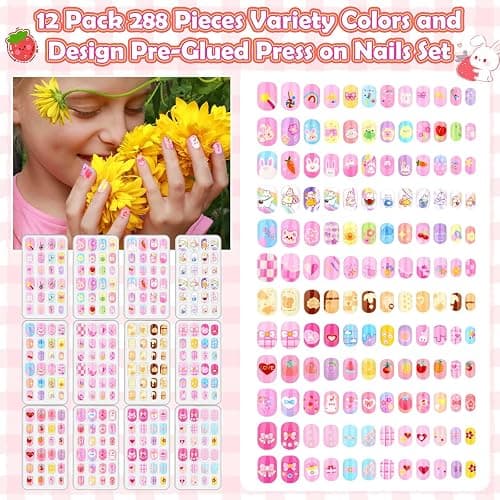 288 Pieces Kids Stick On Nails Girls, Acejoz Fake Nails Set Self Adhesive Press on Nails Tips for Little Girls Children 8-12 Year Kids Nail Decoration thumbnail 4