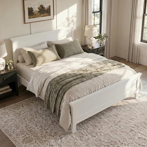 Merax Mid Century Queen Bed Frame with Headboard and Tapered Legs, Wood Platform Bed Frame Queen Size with Wood Slat Support, Under Bed Storage, White thumbnail 4