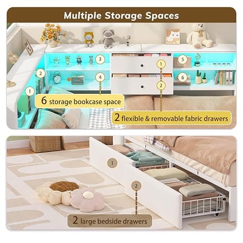 Twin Corner Bed Frame with Storage Bookcase and 4 Drawers, Upholstered Daybed Twin Size with Charging Station & LED Lights, White L-Shape Twin Size Bed Frames Metal Platform Bed for Kids Teenagers thumbnail 7