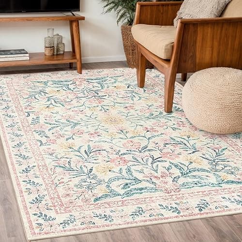 LKTRYFAM Machine Washable Floral Rugs for Living Room 3x5 Area Rugs, Vintage Non Slip Bedroom Rugs Ultra-Thin Soft Rug, Boho Low-Pile Throw Rug Stain Resistant Carpet for Girls Room Dorm (3x5ft,Pink) - Image 1