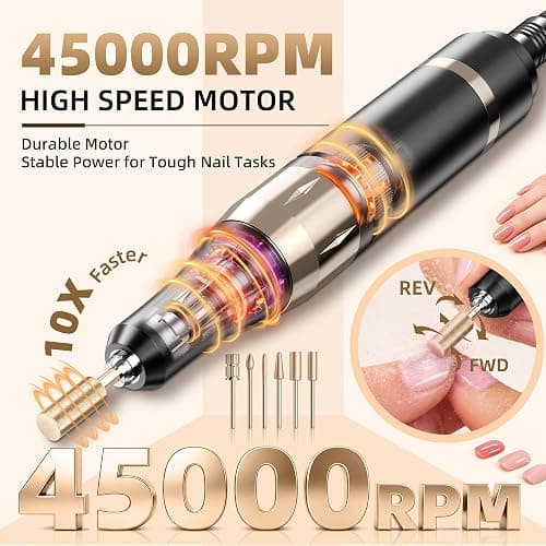 COYZU Professional Electric Nail Drill Rechargeable Nail File | for Acrylic & Gel, High Speed 45000RPM, Cordless, Portable Gel Polish Removal E file, Beginner Friendly, for Beauty Lovers thumbnail 2