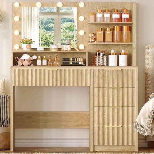 FIONESO Vanity Desk with Mirror and Lights, Makeup Vanity with 5 Drawers & Storage Shelves, 3 Color Modes & Adjustable Brightness, Fluted Vanity for Girls, Natural thumbnail 8