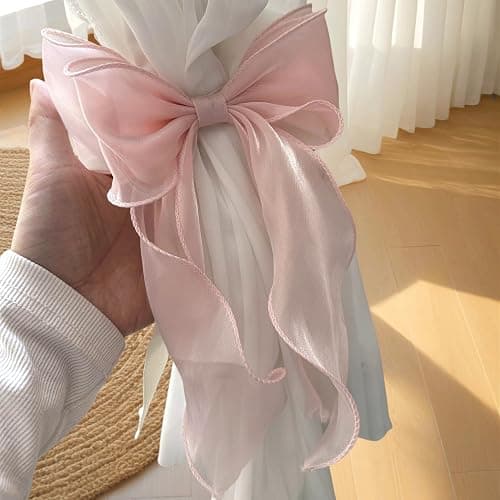 2 Pack French Silky Bow Curtain Tiebacks, Elegant Lace Ribbon for Curtains Decorative Rope Accessories Home Décor (Pink,2) thumbnail 5