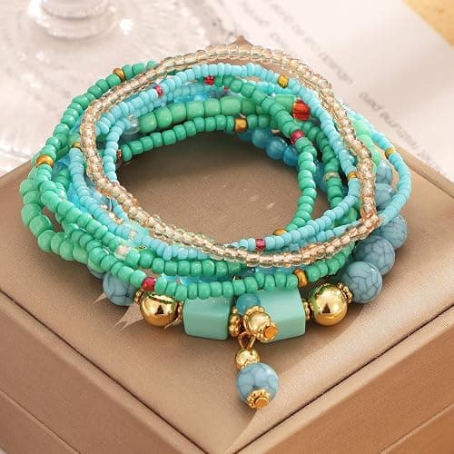 IFKM 8PCS Beaded Bracelets for Women, Multilayered Stackable Strand Stretch Bead Bracelet Pack Handmade Trendy Bohemian Charm Jewelry thumbnail 6