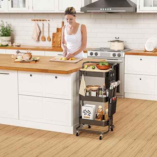 DTK 3 Tier Metal Utility Rolling Cart with Table Top and Side Bags, Tray Storage Organizer Wheels, Art Craft 4 Hooks for Kitchen Bathroom Office Living Room (Black) thumbnail 8