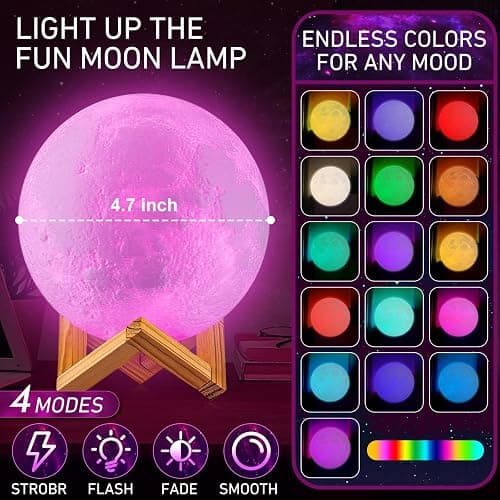 LOGROTATE Moon Lamp, 16 Colors LED Night Light for Kids 3D Printing Moon Light with Stand& Remote/Touch Control & Timing, Moon Light Lamp for Kid Friend Birthday Gifts, Room Decor (Diameter 4.8 INCH) thumbnail 4