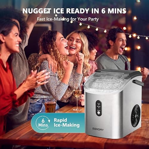 EUHOMY Nugget Ice Maker Countertop with Handle, Ready in 6 Mins, 34lbs Per Day, Removable Top Cover, Auto-Cleaning, Portable Sonic Ice Maker with Basket and Scoop, for Home/Party/RV/Camping (Silver) thumbnail 5