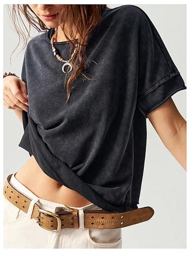 Milumia Women's Butterfly Cut Out Back T-Shirt Short Sleeve Washed Tee | Crew Neck, Vintage, Loose Fit, Contrast Mesh, Solid, Casual Going Out, Summer, Streetwear Tops thumbnail 3