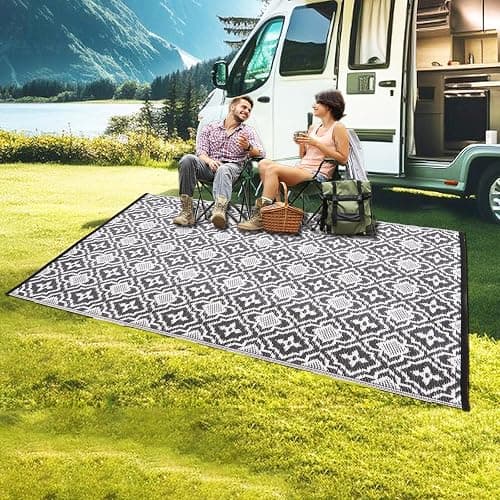 4x6 Outdoor Rug Waterproof Porch Rug,Outdoor Mat 4x6 Small Balcony Mat,Reversible Plastic Straw Rug, Outdoor Rug for Camping Black and White Outdoor Rugs for Patio, Deck, RV, Camping, Beach, Backyard thumbnail 9