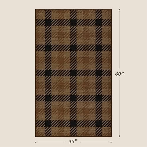 Easy Jute Brown Checkered 3x5 Entryway Rugs - Dark Plaid Rug Indoor Door Mats for Entrance, Front Porch, Outdoor Balcony, Kitchen Floor, Washable Non Slip Earthy Rustic Neutral Décor thumbnail 2