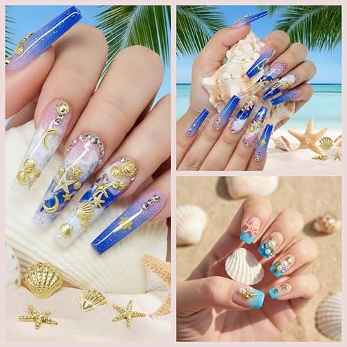 Gold Nail Charms, 2Boxes Gold Star Ocean Nail Gems Charms, Metal Small Star Moon Seashell Starfish Summer Charms for Acrylic Nail Art Alloy Nail Rhinestones for Women DIY Accessories thumbnail 5