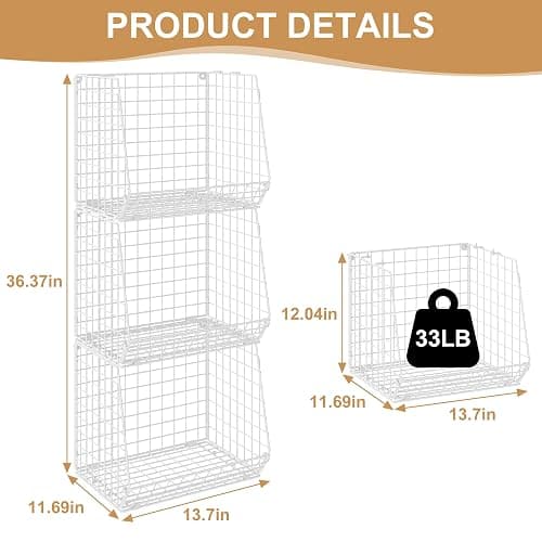 3 Pack Screw Mount Under The Wooden Shelf Laundry Room Organizer: Foldable Wire Basket Space Saving Over The Washer and Dryer - Laundry Organization and Storage, White Patent thumbnail 3