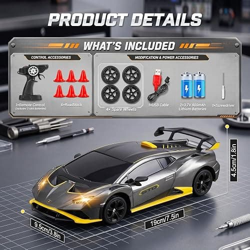 YESHIN 1：24 Lamborghini Haracan Drifting Car Gray, Lamborghini Toy Car, RC Cars for Boys Age 8-12, 2.4GHz Remote Control Car with Light thumbnail 2