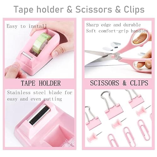 Pink Desk Accessories, Pink Office Supplies Accessories with Tape Dispenser, Stapler, Staple Remover, 1000 Staples, Tape, Clips Set, Ruler, Scissor, Pen thumbnail 4