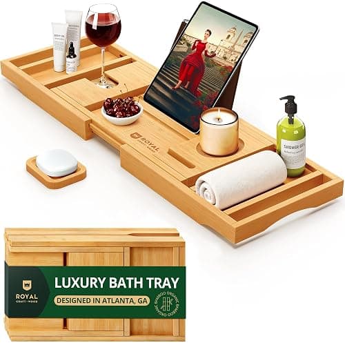 ROYAL CRAFT WOOD Premium Foldable Bathtub Tray - Expandable Bath Tray for Tub - Luxury Bathtub & Bathroom Accessories - Natural (Classic) - Image 1