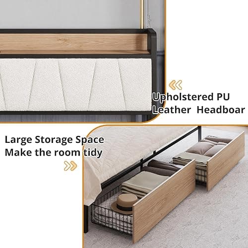 LIKIMIO King Size Bed Frame, Storage Headboard with Charging Station, Platform Bed with Drawers, No Box Spring Needed, Easy Assembly, Wood and Cream thumbnail 6
