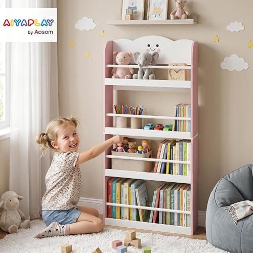 AIYAPLAY 4 Tier Kids Bookshelf with Anti-Tip Kit for Toddler 3-6, Pink | Children Bookcase, Cotton Candy Theme, Space-Saving Bookcase, Living Room, Kids Room, Playroom thumbnail 2