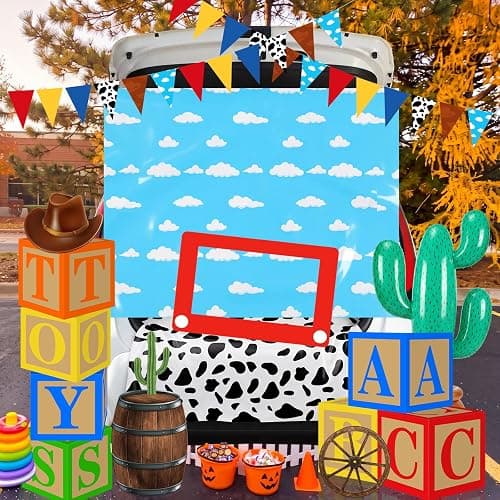 Mindsoft 17 Pcs Halloween Cowboy Trunk or Treat Car Decor Garland Cactus | Cow Print Boxes, Blue Sky White Cloud Backdrop, Inflatable Cactus, Western Garland for SUV Outdoor Birthday Party Decorations thumbnail 2