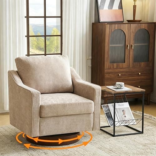 Bonnlo 360° Swivel Armchair, Comfy Accent Chair, Thick Cushion Tub Chair | Mid-Century Armchair with Pillow & Walnut Base, Comfortable Armchair for Living Room, Apartment, Office, Khaki - Image 1