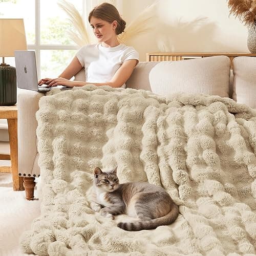 L'AGRATY Faux Rabbit Fur Blanket: 50" x 60" Luxury Soft Fluffy Thick Fur Throw Blanket for Couch Bed Sofa - Cozy Plush Bubble Blankets for Winter: Warm Flannel Fleece Decorative Blanket(Almond White) thumbnail 3