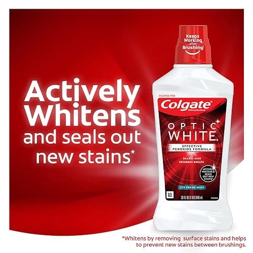 Colgate Optic White Advanced Teeth Whitening Mouthwash, 3 Pack, 2% Hydrogen Peroxide, Alcohol-Free and Enamel Safe, ICY Fresh Mint, 32 Oz thumbnail 2