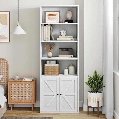 IDEALHOUSE Bookcase with Doors Industrial Bookshelf 11.8in Depth Display Storage Shelves 71.4in Tall Farmhouse Bookcases Wooden 6 Shelf Bookshelvels for Bedroom, Living Room, Home Office (White) - White thumbnail 5
