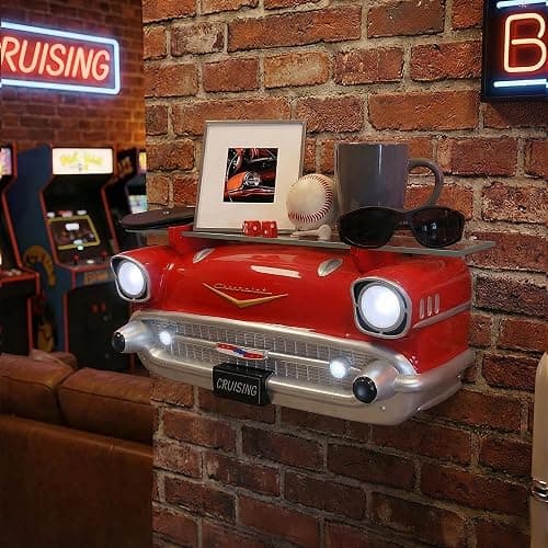 Sunbelt Gifts 1957 Chevy Red Bel Air Floating Wall Shelf - LED Headlights with Tempered Glass for Vintage Car Decor + Man Cave Accessories - Classic Car Gift (20 x 6.1 x 8 in) thumbnail 2