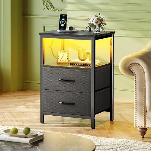 Huuger Night Stand with Charger Station and LED Lights, 2 Drawer Nightstand, Bed Side Table with Open Shelf, End Table, Fabric Dresser for Bedroom, Black thumbnail 2