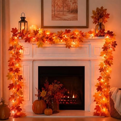 Fall Garland with Lights Battery Operated with Timer,9.8FT 50 Orange Bulbs Lighted Fall Leaves Garland,Fall Decorations for Home Thanksgiving,Halloween,Fireplace,Porch,Table Decor Indoor Outdoor thumbnail 6