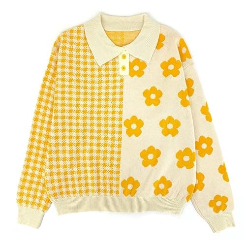 Womens Kawaii Color Block Sweaters Cute Plaid Collared Pullover Sweatshirts - Image 1