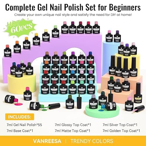 VANREESA 60 Pcs Gel Nail Polish Set 55 Colors Spring Summer Fall Winter Gel Polish with Base Coat Glossy & Matte & Silver & Golden Top Coat Nail Kit Gifts for Women Girls Nail Art Salon at Home thumbnail 8