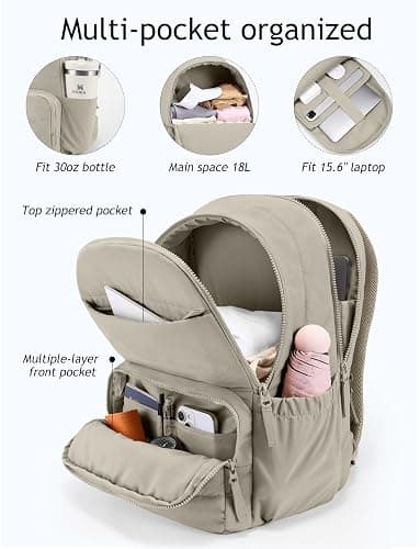 Uselike Travel Backpack for Women, 15.6 Inch Laptop Backpack, Quilted College Bookbag, Cute Work Backpacks, Water Resistant (Khaki Ash) thumbnail 3