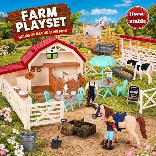 Peagprav Horse Club Riding Arena 71-Piece, Horse Stable Toys Playset, Farmmer Figures,Farm Animal Figurine, Coffee Shop, Barn with Fence Toys for 3-7 Years Old Kids Boys Girls Toddlers thumbnail 3