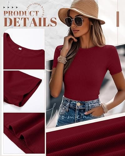 Ficerd 3 Pack Women's Ribbed T-Shirts, Cotton Short Sleeve Basic Tees Crewneck Fitted Tops Casual Shirts 2025 Summer Trendy thumbnail 6